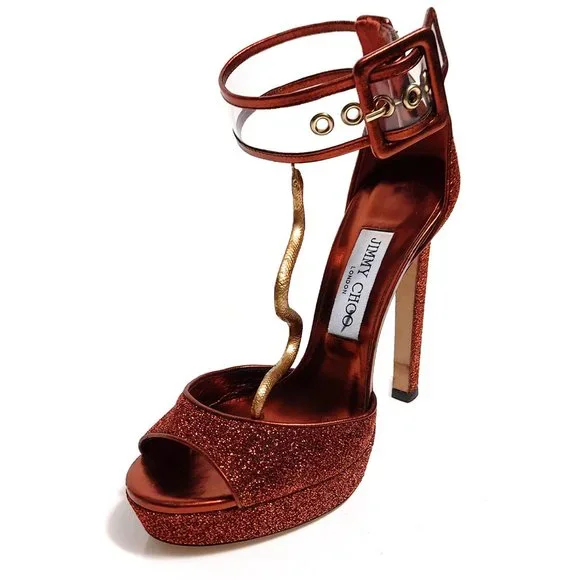 Jimmy Choo Mayner 130 Orange Glitter Women US 7 EU 37 Ankle Strap Sandals - Picture 2 of 9